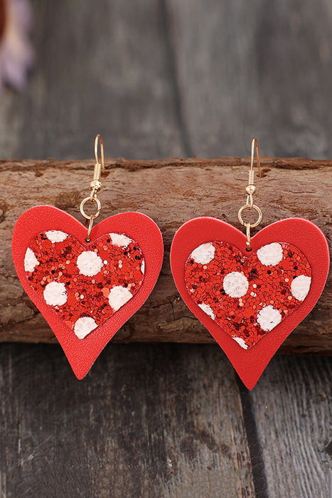 Fiery Red Leather Sequined Heart Pendant Valentines Day Earrings