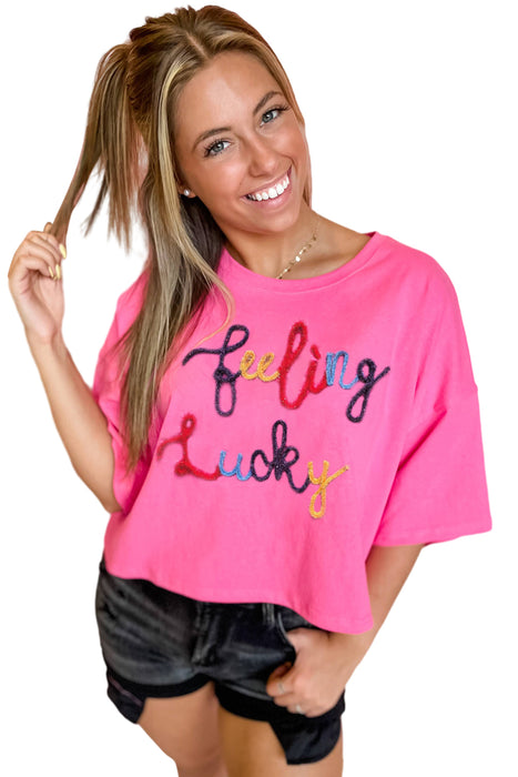 Bonbon Feeling Lucky Letter Patch Drop Sleeve T-Shirt