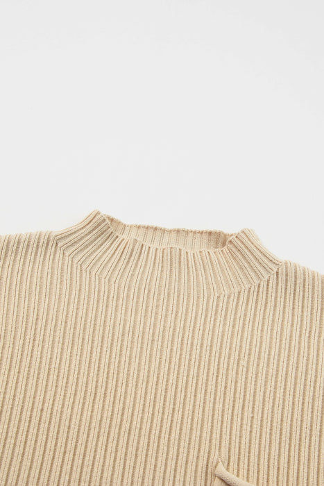 Oatmeal Patch Pocket Ribbed Knit Short Sleeve Sweater