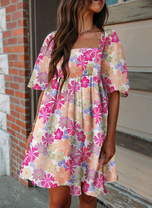 Pink Summer Floral Square Neck Puff Sleeve Babydoll Dress