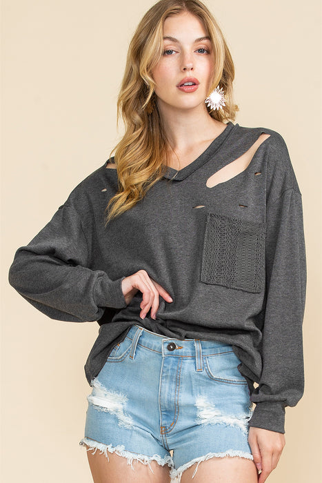 Grey Patch Pocket Distressed Long Sleeve V Neck Top