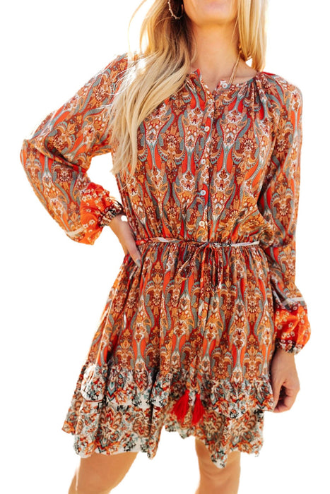 Orange Bohemian Floral Print Buttons Pleated Drawstring Short Dress