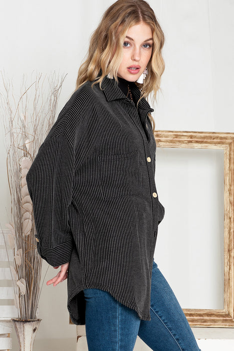 Black Plain Roll Tab Sleeve Button Up Shirt Shacket