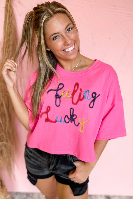 Bonbon Feeling Lucky Letter Patch Drop Sleeve T-Shirt