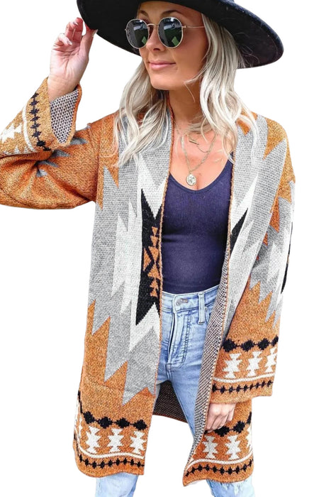 Gold Flame Geometric Graphic Open Front Cardigan