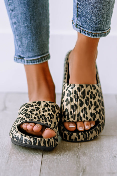 Black Leopard Print Open Toe Thick Flat Slippers