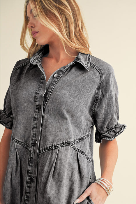 Blue Mineral Washed Ruffled Short Sleeve Pocketed Denim Dress