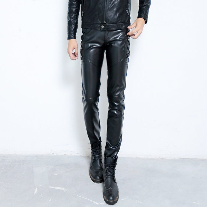 Thickened Leather Pants For Men Slim Pants With Small Feet