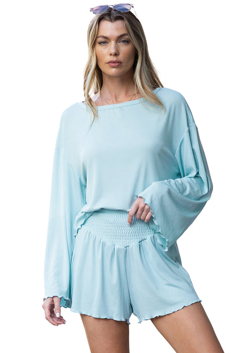 Sky Blue Long Sleeve Top & Shirred High Waist Shorts Set