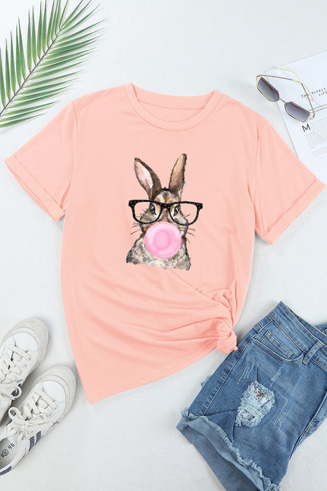 Pink Casual Easter Rabbit Graphic Round Neck Tee