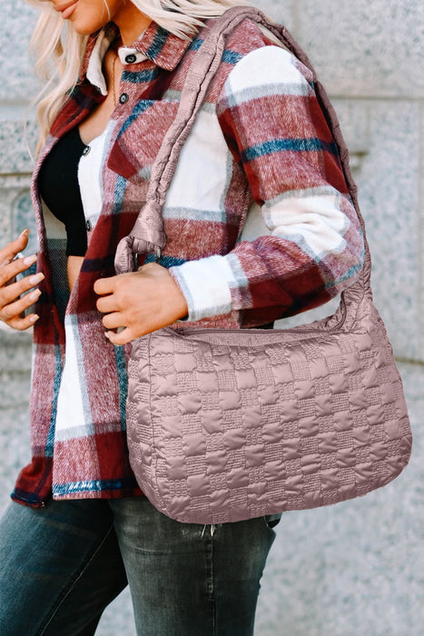 Pink Checkered Bubble Textured Zipped Large Shoulder Bag