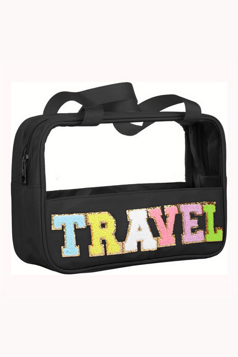 Black TRAVEL Chenille Letter Clear PVC Makeup Bag