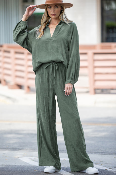 Mist Green Crinkle Split Neck Top Loose Drawstring Pants Set