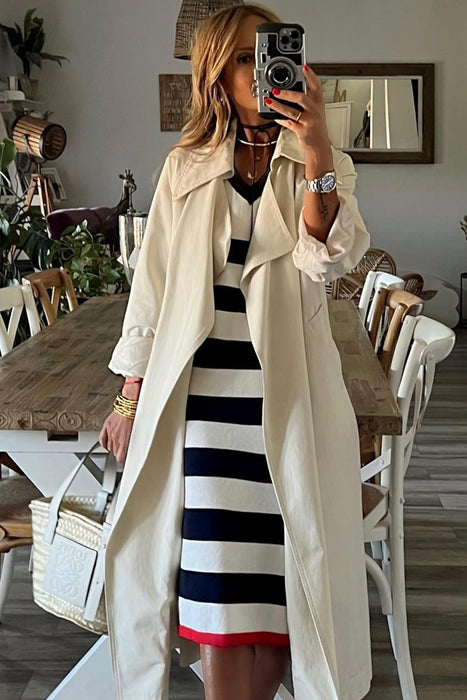 Stripe Elegant V Neck Cap Sleeve Midi Dress