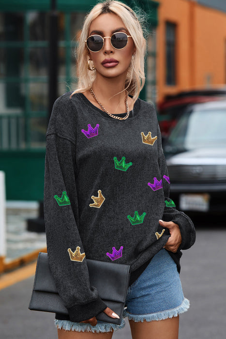 Black Corduroy MARDI GRAS Crown Graphic Sweatshirt