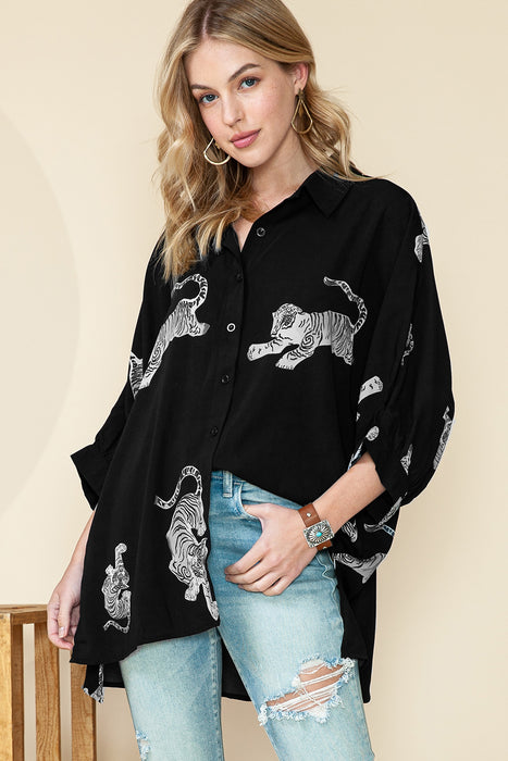 Black Animal Print Button Up Loose Fit Shirt