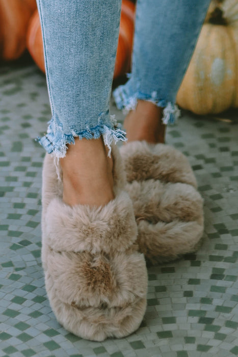 Brown Winter Plush Hollow Out Slippers