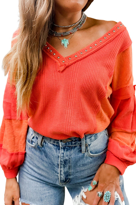 Red Waffle Studded V Neck Patchwork Keyhole Back Top