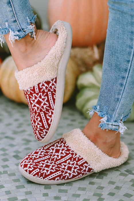 Red Suede Geometric Print Contrast Fuzzy Winter Slippers