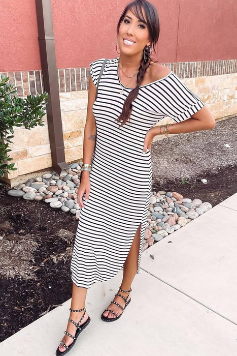 Black Striped Print Side Split Short Sleeve V Neck Maxi Dress