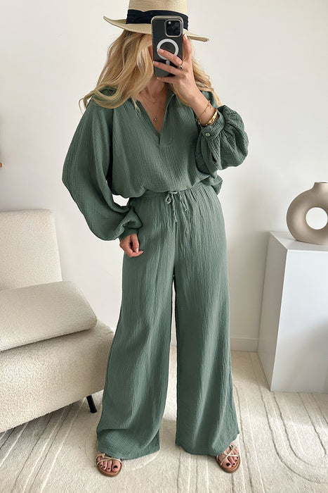 Mist Green Crinkle Split Neck Top Loose Drawstring Pants Set