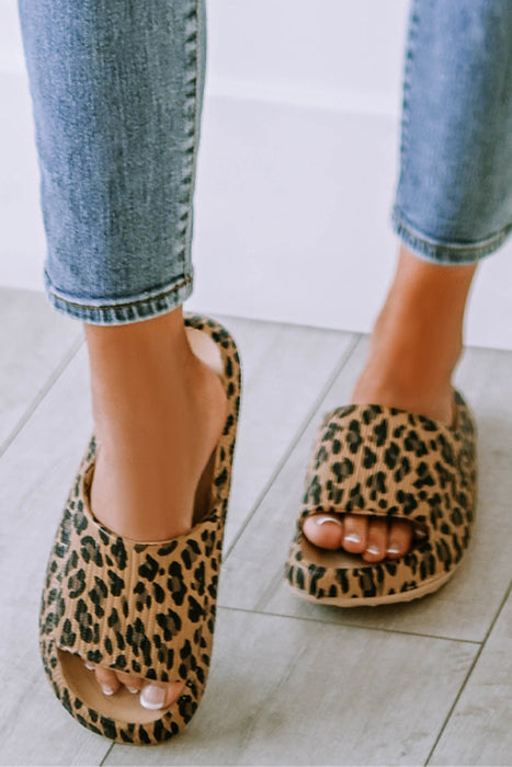 Black Leopard Print Open Toe Thick Flat Slippers