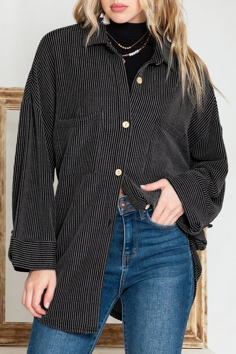 Black Plain Roll Tab Sleeve Button Up Shirt Shacket