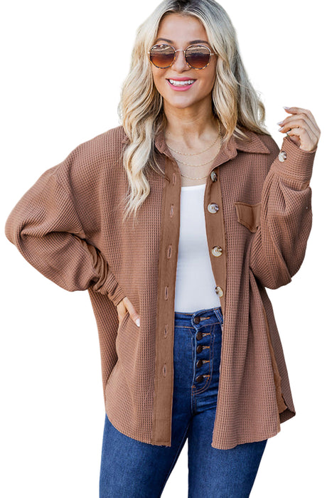 Brown Drop Shoulder Waffle Knit Shacket