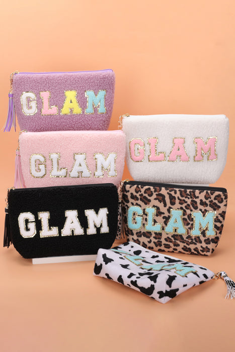 Pink Sparkle Letter Pattern Tassel Zipper Makeup Bag