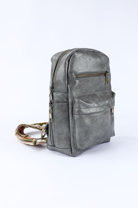 Gray Double Zipper Geometric Straps Faux Leather Backpack