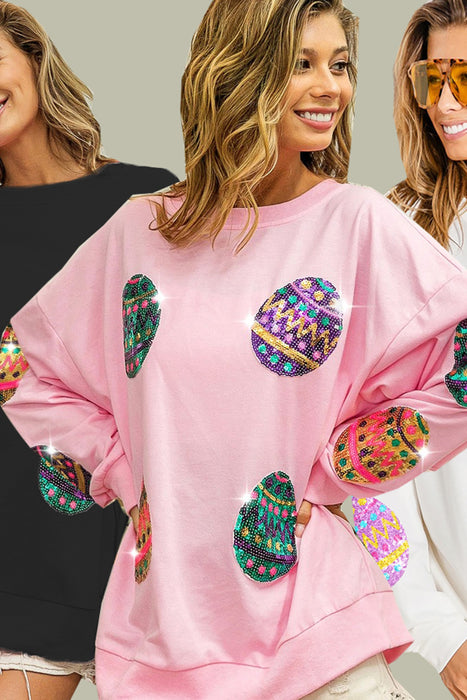 Pink Easter Sequin Egg Print Drop Shoulder Graphic Oversized Sweatshirt