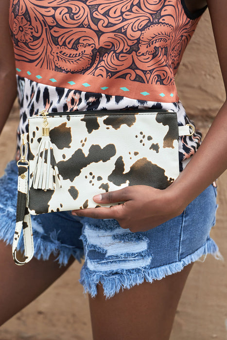 White Western Cow Print Fringe Clutch