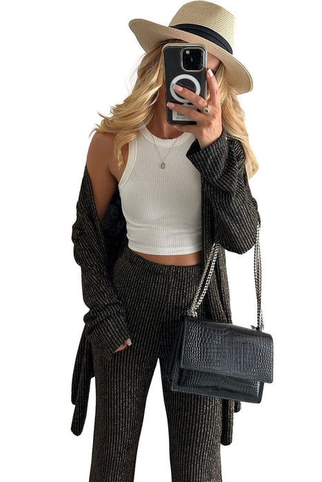 Black Metallic Ribbed Cardigan And Flare Pants Outfit