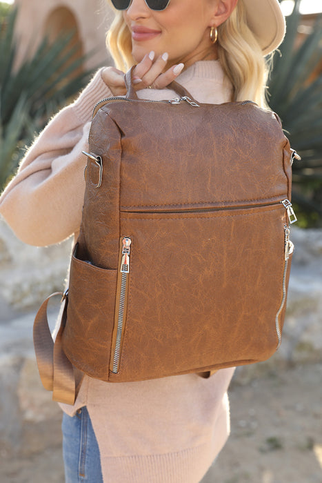 Chestnut Vintage Leather Large Zipper Backpack