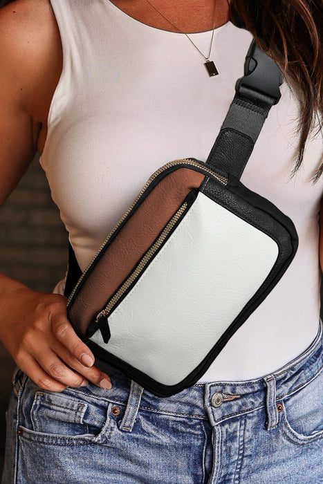 White Color Block Adjustable Belt PU Leather Crossbody Bag