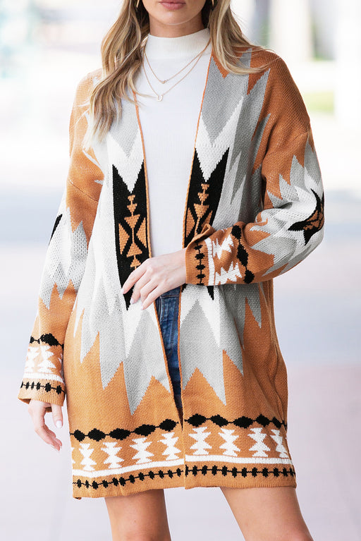 Gold Flame Geometric Graphic Open Front Cardigan