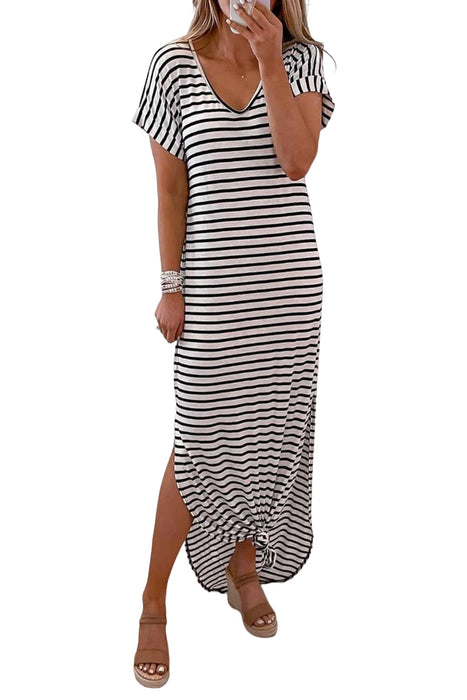 Black Striped Print Side Split Short Sleeve V Neck Maxi Dress