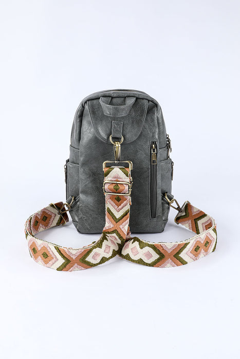 Gray Double Zipper Geometric Straps Faux Leather Backpack