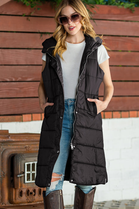 Brown Hooded Pocketed Quilted Long Vest Coat