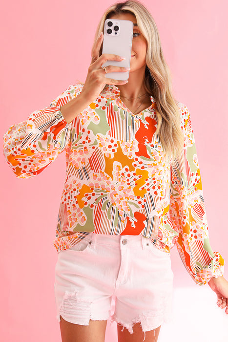 Orange Abstract Printed Split V Neck Puff Sleeve Blouse