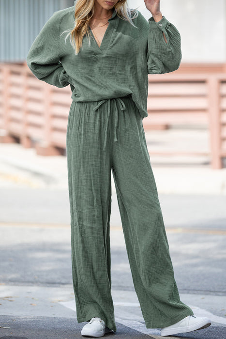 Mist Green Crinkle Split Neck Top Loose Drawstring Pants Set