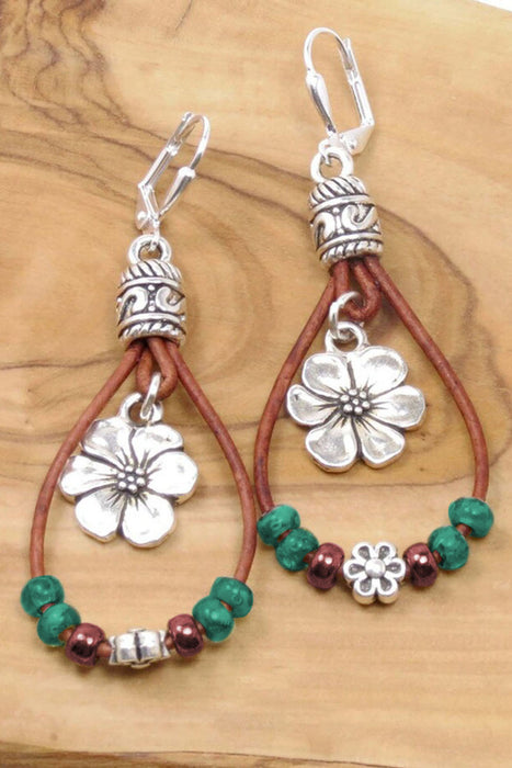 Silvery Leather Beaded Floral Dangle Earrings