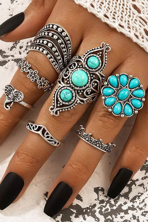 Green Vintage 7Pcs Floral Geometric Turquoise Ring Set