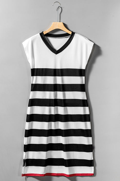 Stripe Elegant V Neck Cap Sleeve Midi Dress