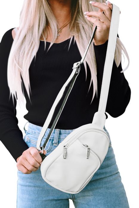 White Adjustable Strap Zipper PU Leather Sling Bag