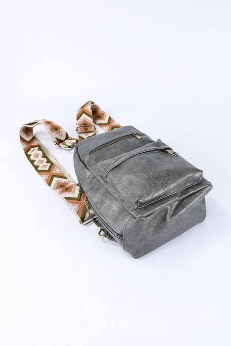 Gray Double Zipper Geometric Straps Faux Leather Backpack