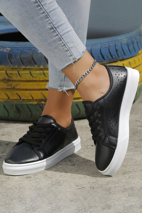 Black Lace Up Laser Cut PU Leather Sneakers