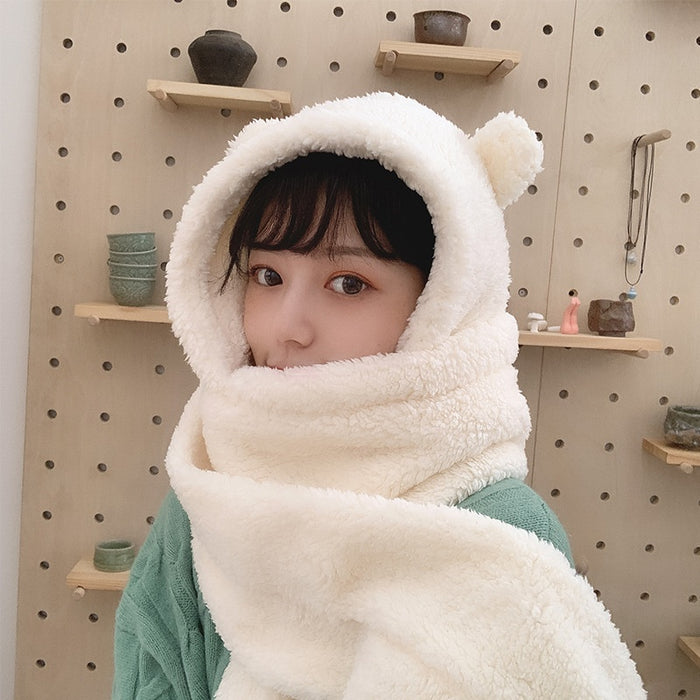 Cute Bear Hat Scarf Integrated Women's Autumn And Winter Plush Thickened Hat Scarf Integrated Three-piece Suit