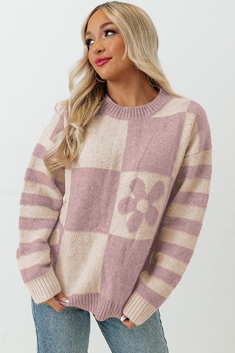 Purple Orchid Petal Checkered and Striped Knitted Sweater