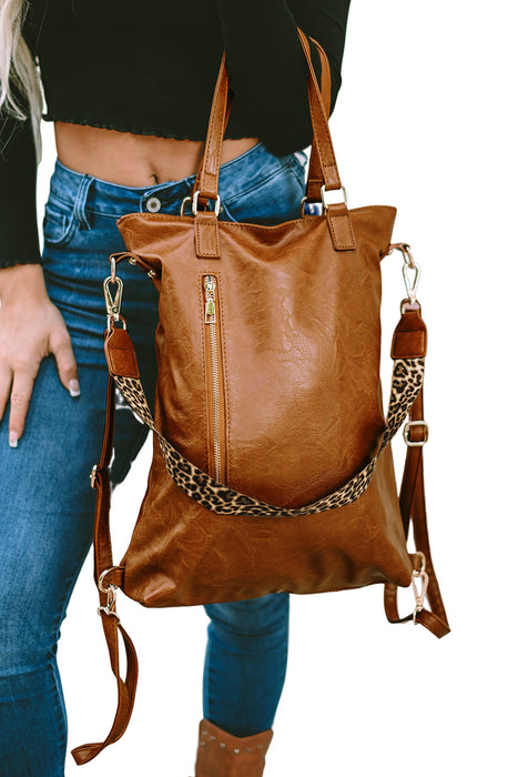 Chestnut Vintage Leopard Strap Zipper Backpack